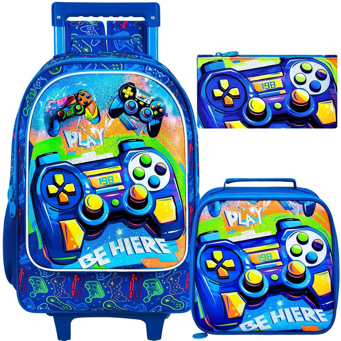 Mochila de Rodinhas 3 Peças para Meninos, Mochila Escolar com Rodinhas para Crianças, Mochila Escolar com Rodinhas Gamer para Pré-escola e Ensino Fundamental