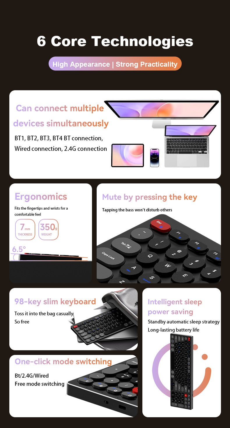 98-Key Ultra-Thin Aluminum Silent Keyboard with Scissor-Switch, Tri-Mode BT/2.4G/Type-C Connectivity&Ergonomic Design for Typing