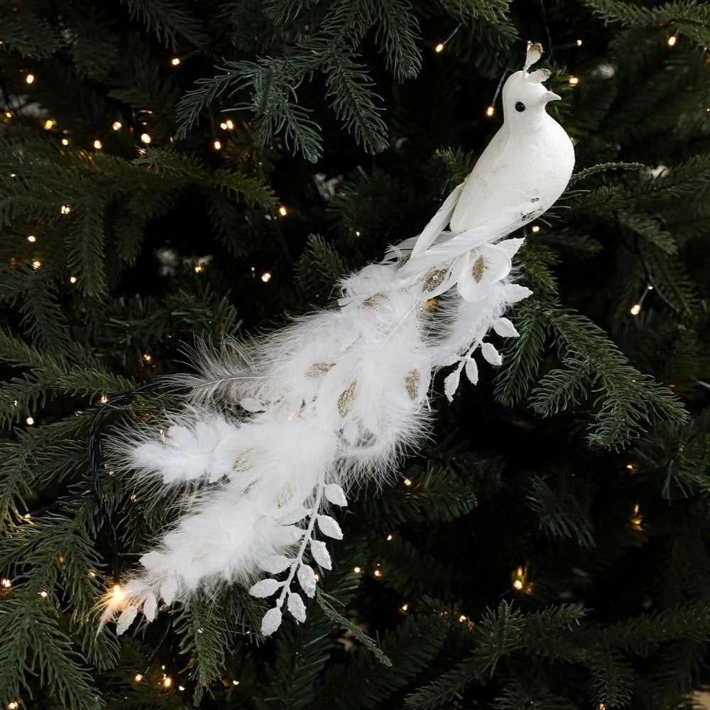 Long Tail Christmas Peacock Ornaments Realistic Glimmering Feather Peacock Bird Figurine Handmade with Clip Christmas Tree Decor