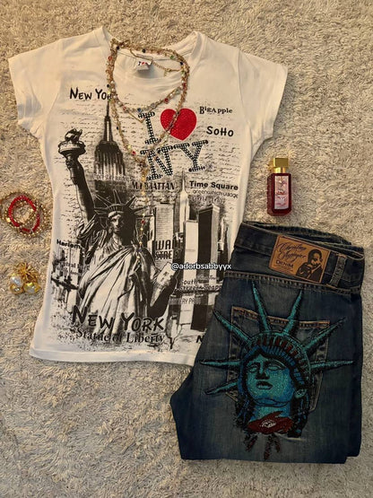 American Vintage 2000s Diamonds Jeans Y2k Statue of liberty Casual Denim Pants Low Waist Straight Wide Leg Jeans Women Clothing