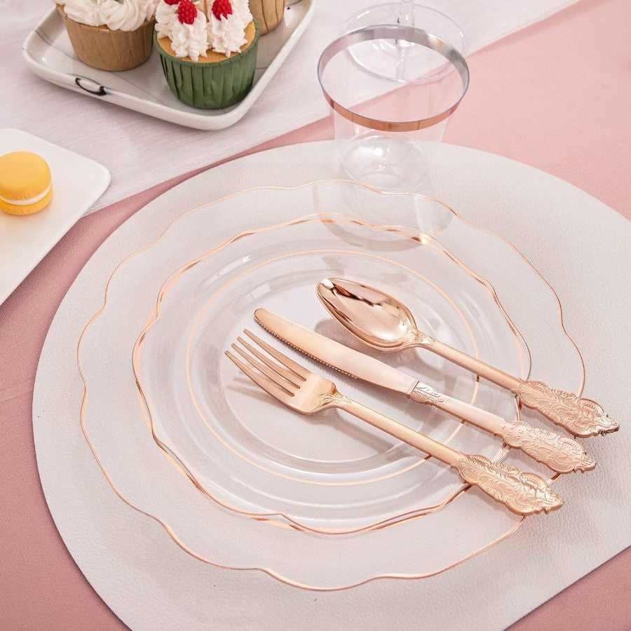 350PCS Rose Gold Plastic Plates Clear Rose Gold Disposable Dinnerware Set Include 100 Dinner Dessert Plates50 Cups 50 Pre Rolle