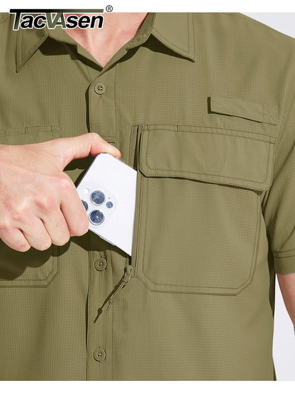 TACVASEN Short Sleeve Fishing Shirts Men's UPF 50+ Sun Protection Cargo Work Shirts Mesh Breathable Quick Dry Hiking Shirts Man