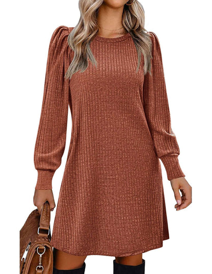 Y2K autumn and winter women's crew neck solid color sweater bubble sleeve fashion commuter dress comfortable casual loose dress