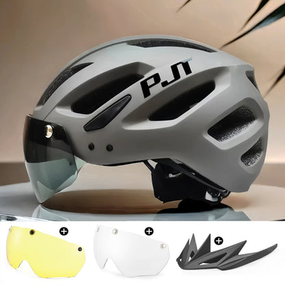 PJT Adult Bike Helmet With Rechargeable LED Rear Light Dual Mode Goggle Cycling Helmet MTB Lightweight Breathable Bicycle Helmet