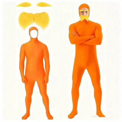 Halloween Orange Zentai Suit Open Face Full Body Bodysuit with Yellow Mustache Eyebrow for Adult Kid Cosplay Party Costume