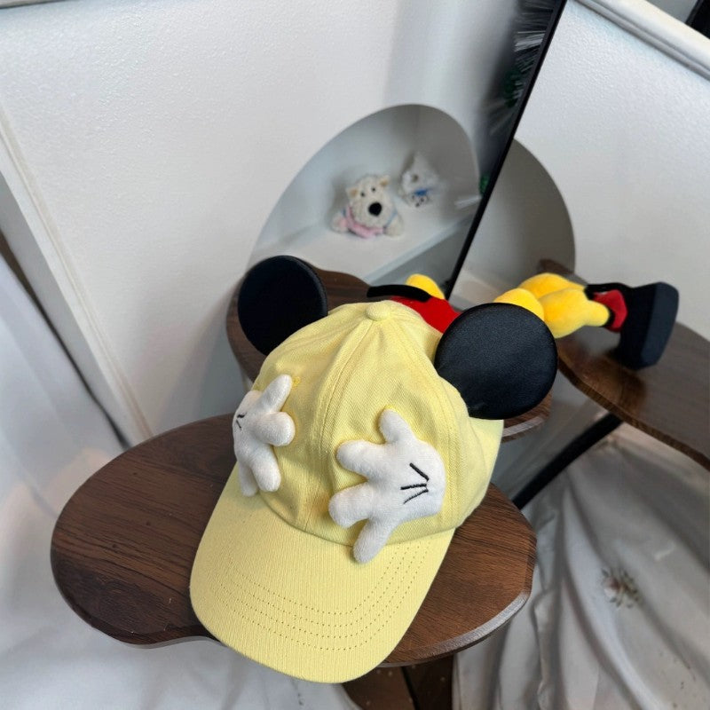 Boné de Beisebol Disney Novo Mickey Mouse Bonitinho Mickey Pequena Boneca de Palma Proteção Solar Boné com Viseira Kawaii Desenho Animado Orelhas de Mickey Chapéu de Sol