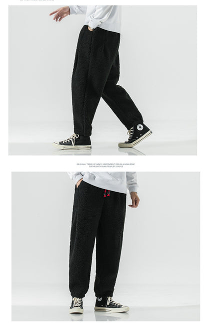 Winter Men's Lamb Wool Casual Pants Fleece Warm Elastic Waist Sweatpants Solid Thick Harem Pants Male Vintage Joggers Trousers