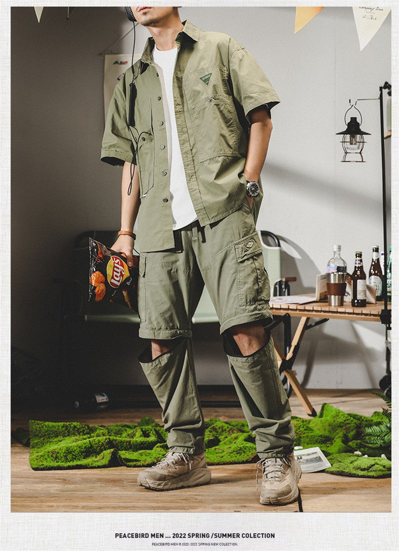 Summer hawaiian Casual Cargo Shirt For Men Oversized Short Sleeve Tee Shirts Y2K Streetwear Button Blouses Outdoor Masculino