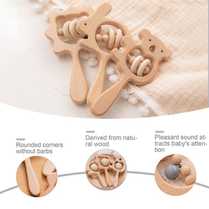 Baby Wooden Koala Hand Rattles Teether Toys Wooden Ring Montessori Toys Owl Shape Musical Rattle  for Baby Gifts Teething Toys