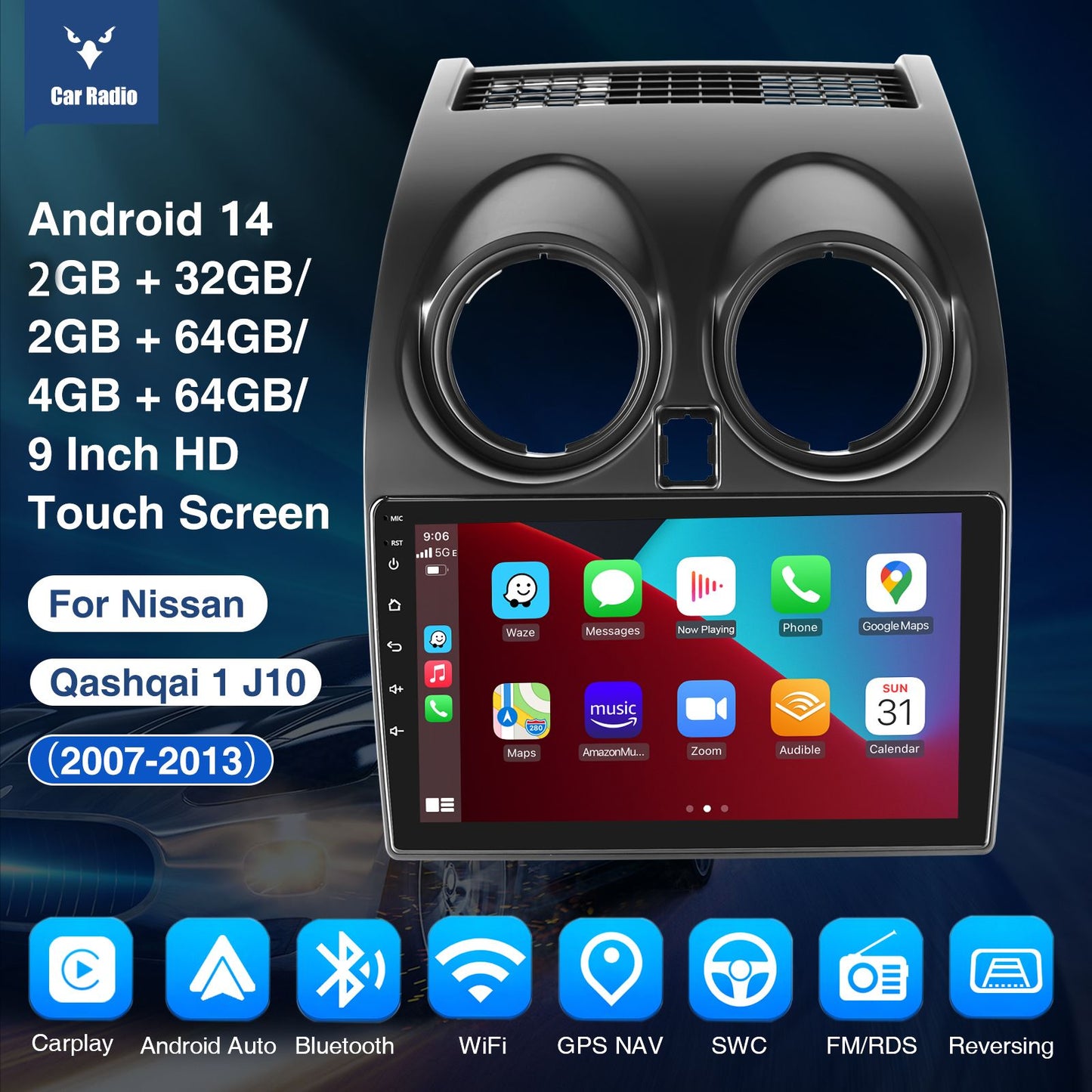 Rádio Automotivo Android 15 Para Nissan Qashqai Rogue 2008-2013 Multimídia Player GPS Navegação Carplay Android Auto 4G WIFI