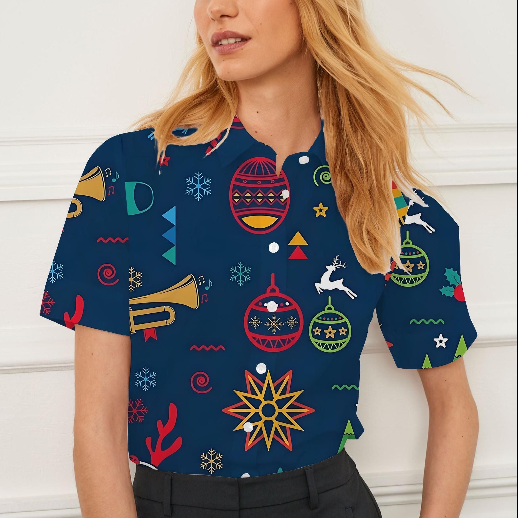 Shirt summer casual short-sleeved lapel Christmas element pattern women's tops personality fashion women's clothing
