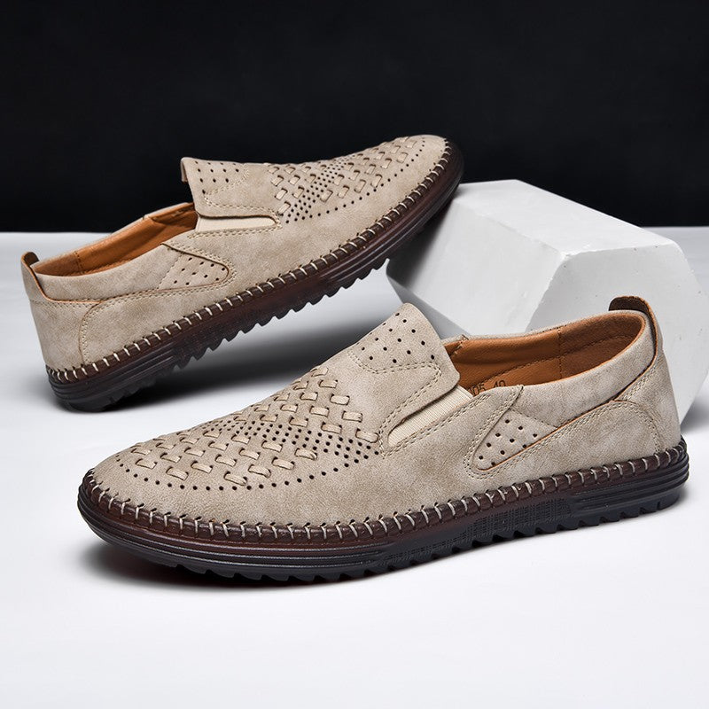 New 2024 Handmade Leather Men Shoes Design Fashion Sneakers Slip On Loafers Summer Mesh Breathable Casual Shoes Men Driving Flat