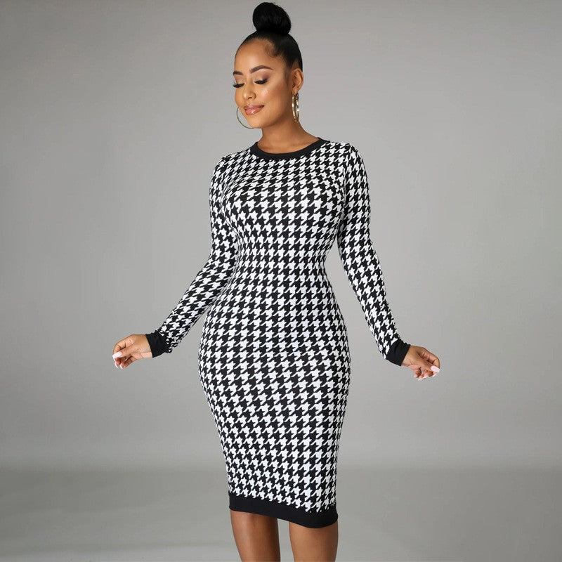 Houndstooth Print Women Long Sleeve Midi Dress Hollow Out Bodycon Sexy Streetwea