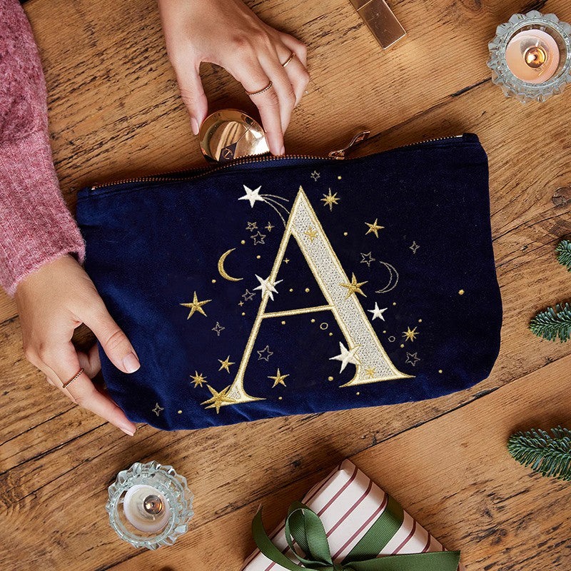 Alphabet Print Velvet Clutch Makeup Bag - Fashionable Cosmetic Pouch with Glittering Star Motif