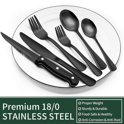 Conjunto de Talheres Pretos com Facas de Carne, Conjunto de Talheres para 4 Pessoas, Louça de Grau Alimentício, Conjunto de Talheres, Conjunto de Utensílios com Acabamento Espelhado