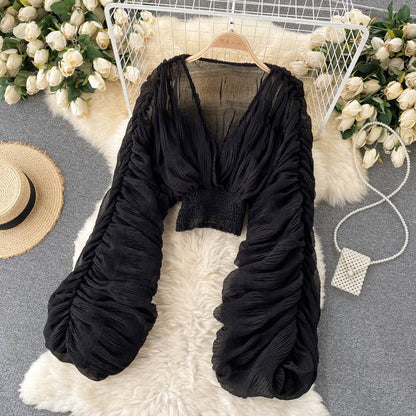 Summer Sexy Draped Chiffon Blouse For Women Elegant V-Neck Puff Long Sleeve Short Tops Female Slim Party Shirts 2022 New Fashion