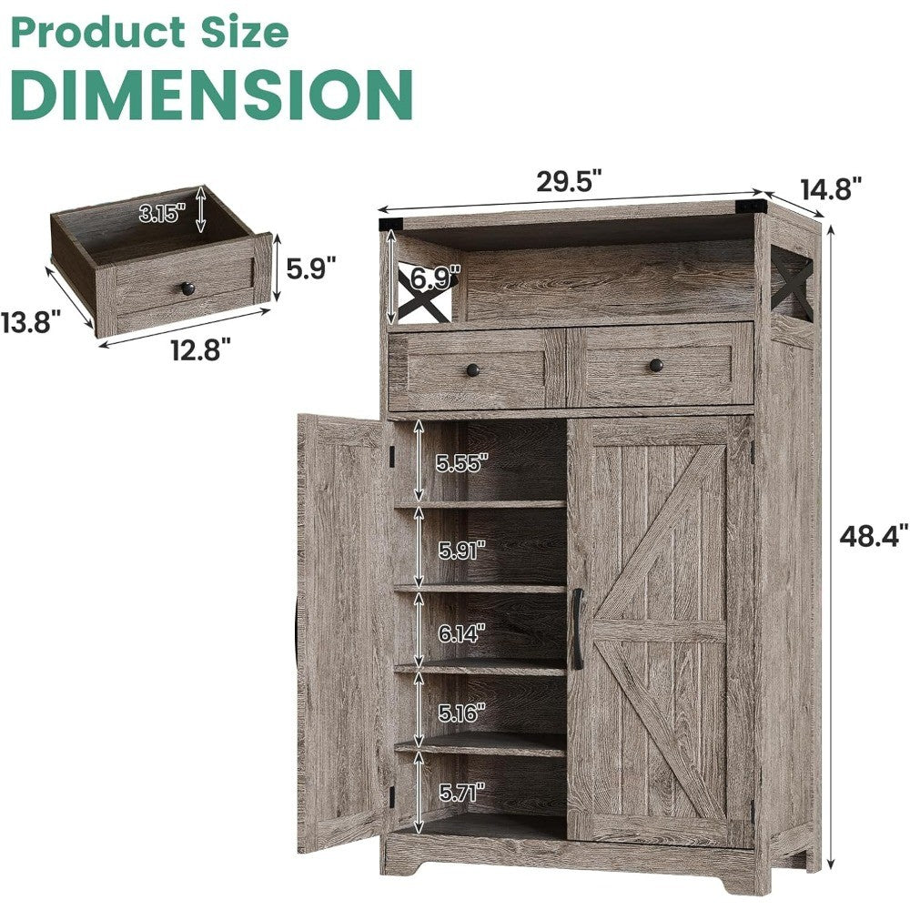 6-Tier Farmhouse Style Shoe Cabinet with Door and 2 Adjustable Shelves Drawers for Storage