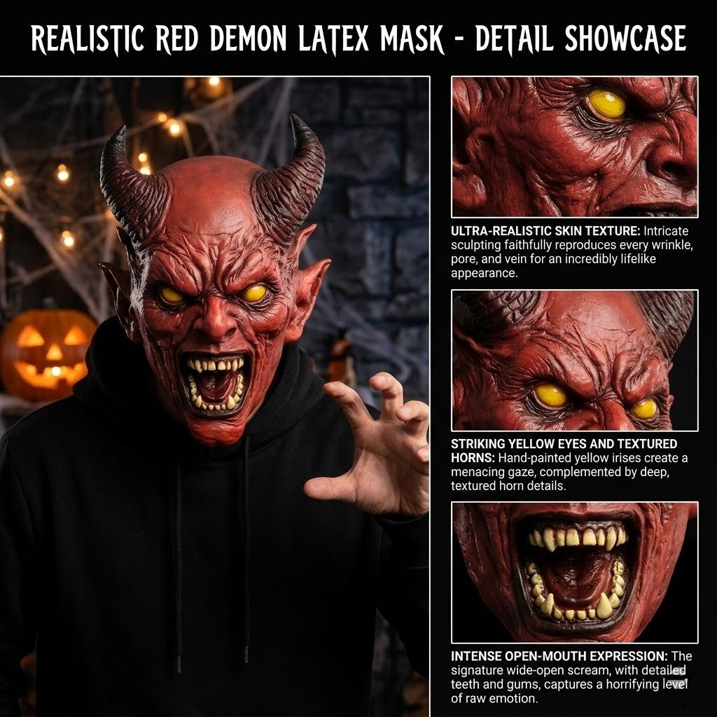 Scary Horned Demon Mask Full Head Latex Devil Mask Horror Halloween Cosplay Masks Costume Party Carnival Haunted House Prop