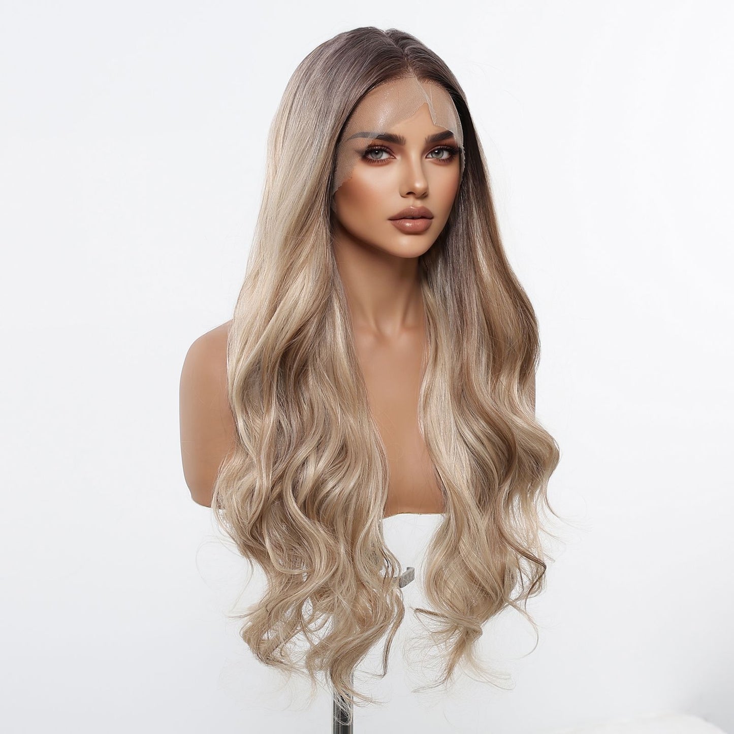 HENRY MARGU Peruca Frontal Lisa Ondulada Marrom Mista Longa Peruca Sintética Natural Ondulada 13x4 Frontal de Renda Cabelo Falso para Mulheres Raiz Escura