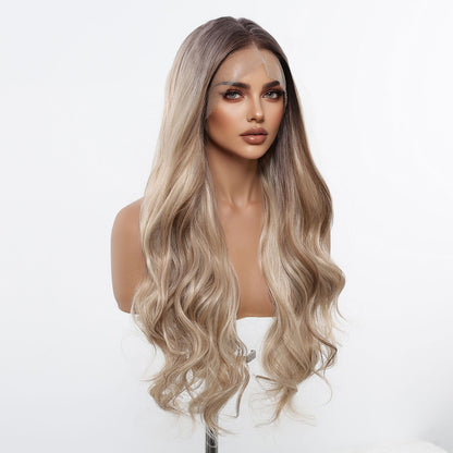 HENRY MARGU Peruca Frontal Lisa Ondulada Marrom Mista Longa Peruca Sintética Natural Ondulada 13x4 Frontal de Renda Cabelo Falso para Mulheres Raiz Escura
