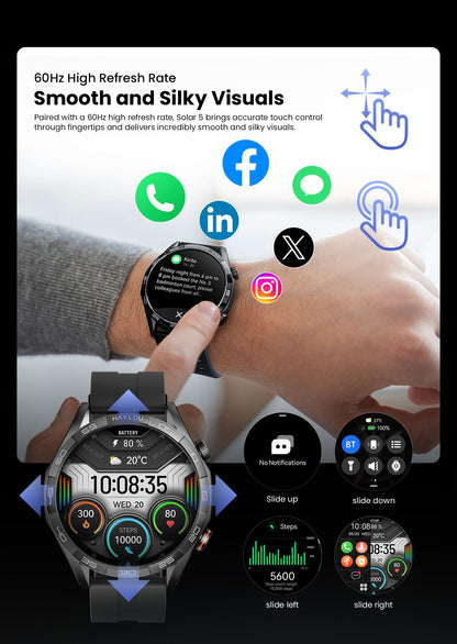 Smartwatch HAYLOU Solar 5 com Chamada de Voz, Tela AMOLED de 1,58'', 60Hz, Monitoramento de Saúde 24 Horas, Smartwatch Esportivo para Homens