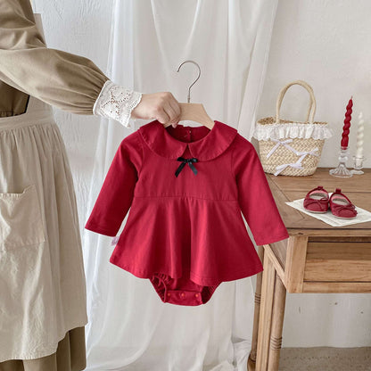 Newborn Christmas Red Clothes Autumn Kids Baby Girls Sweet Petal Collar Princess Rompers Infant New Baby Girls Rompers Clothes
