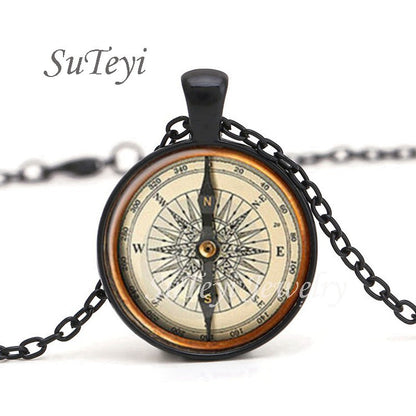 Colar de Pingente de Bússola Steampunk com Cabochão de Vidro Redondo Vintage para Homens e Mulheres