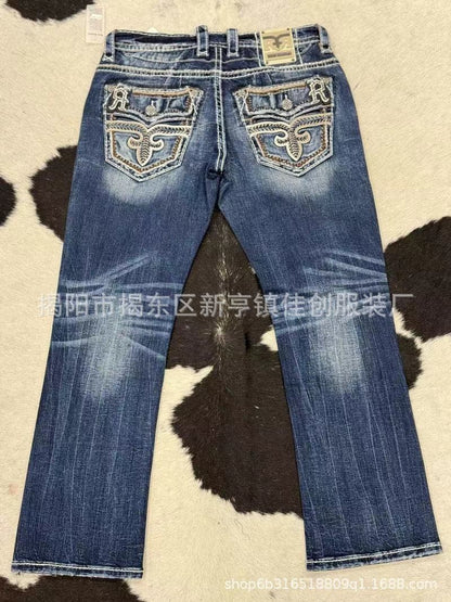 2024 European and American New Summer Blue Washed Straight-leg Casual All-match High Street Men's Denim Long Pants.