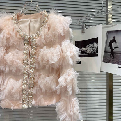 2025 Autumn New French Pearl Lace Layered Mesh Jacket Top