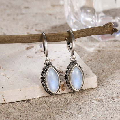 925 Sterling Silver Earrings Natural Moonstone 6*12mm Drop Earrings Retro Silver Vintage Eye Shape Fine Jewelry Gift For Women