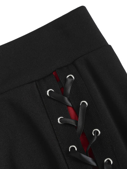 European and American fashion women's plus-size skirt color matching buttonhole lace-up high waist A-line skirt