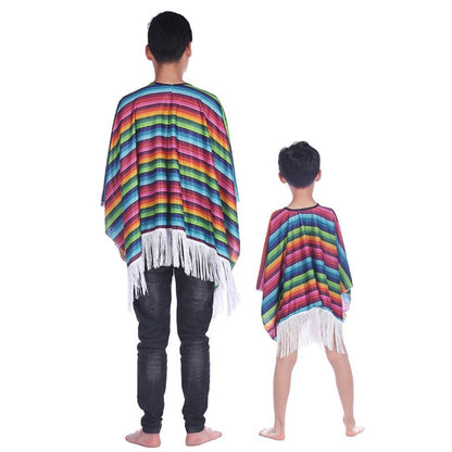 Ethnic Cloak Mexican Costume Halloween Rainbow Stripe Mexican Style Cloak Cape Dress-up Cosplay Mexican Poncho Festival Party