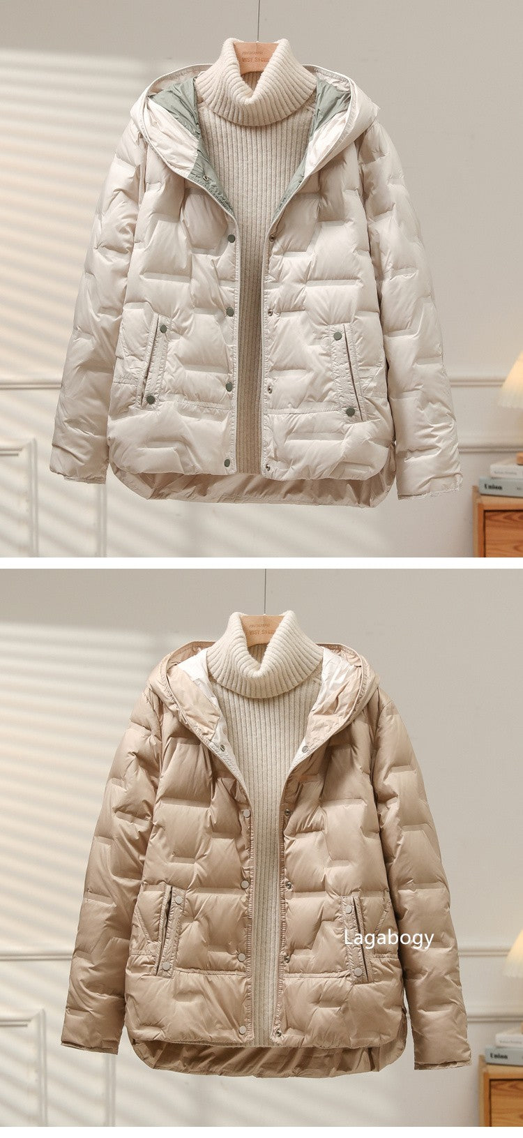 Lagabogy 2025 Autumn Winter Women White Duck Down Coat Casual Single Breasted Hooded Jacket Female Light Puffer Parka Outwear