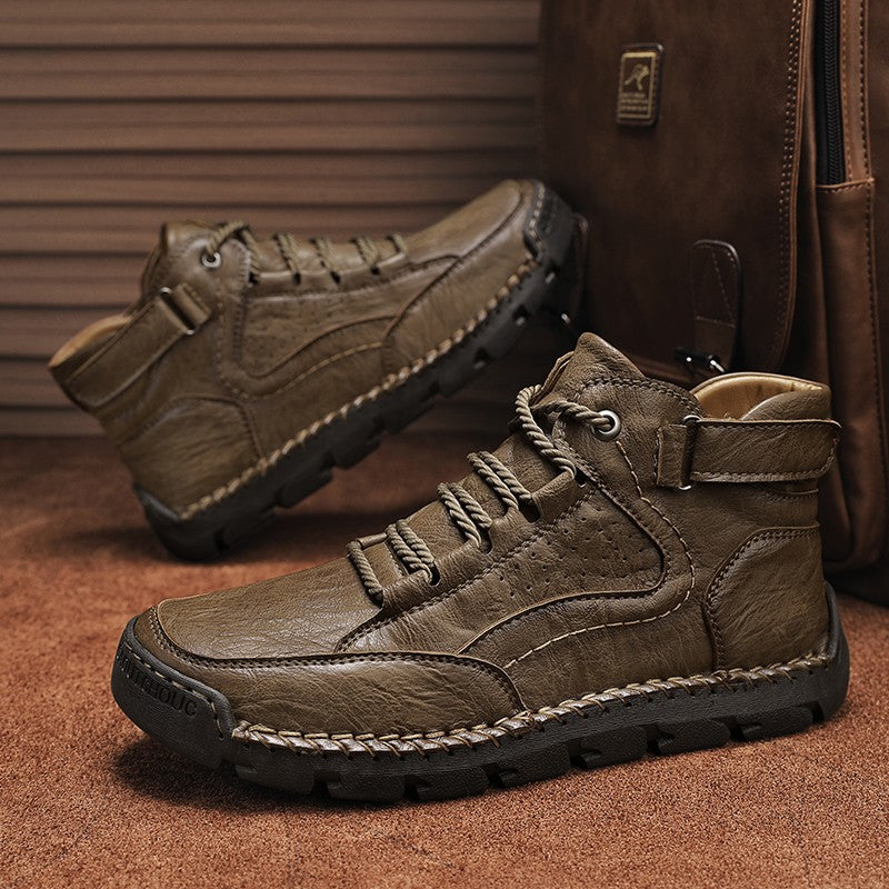 Botas masculinas costuradas à mão, sapatos casuais plus size, botas confortáveis e macias, botas antiderrapantes para uso externo