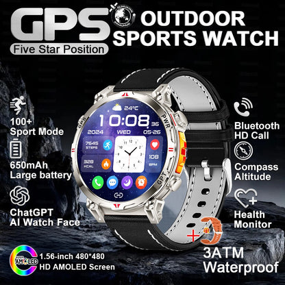 2025 Novo Relógio Inteligente Militar GPS para Exteriores Masculino 650mAh Bússola Altímetro 10ATM à Prova D'água Frequência Cardíaca Chamada Esportiva Smartwatch