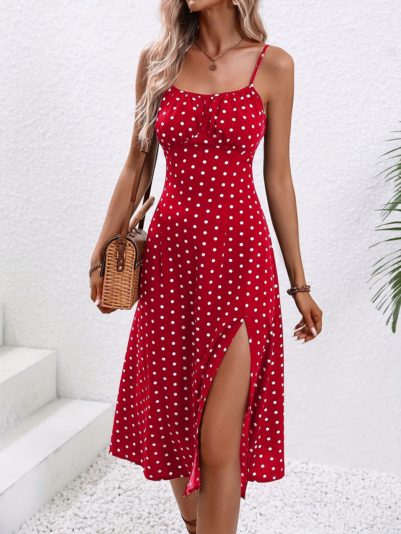 2024 Summer Sexy Spaghetti Straps Dress Women Fashion Polka Dot Print Sleeveless