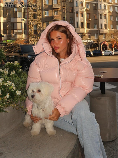 Fashion Glossy Padded Jacket Women's Solid Turtleneck Long Sleeve Warm Down Coat 2025 Autumn Winter New Lady Casual Outerwear