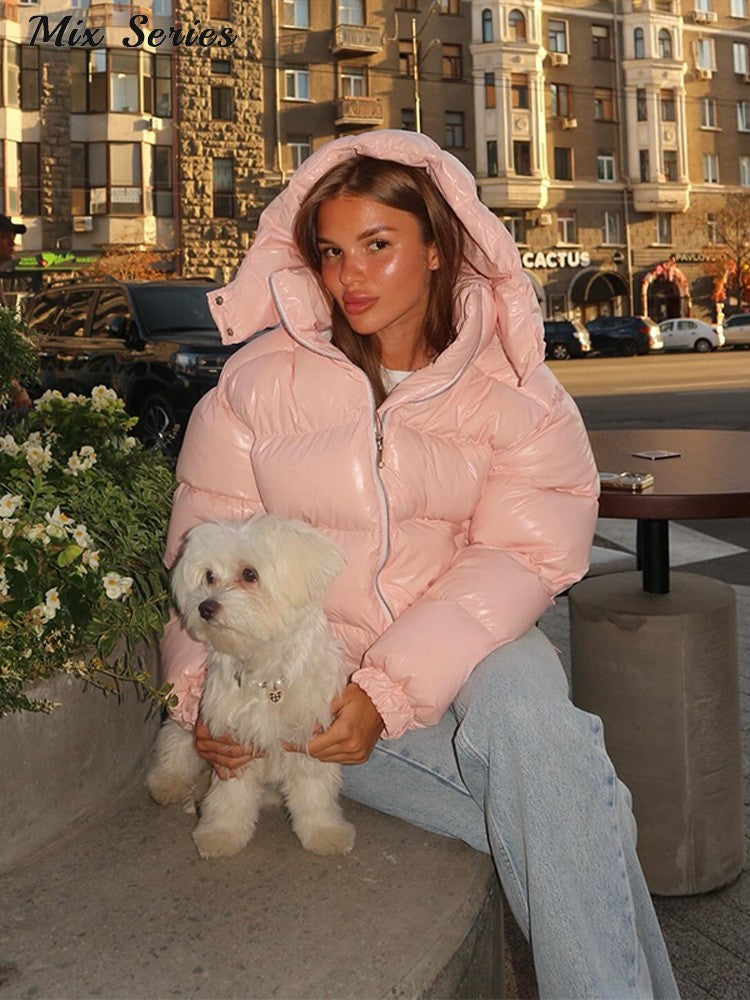 Fashion Glossy Padded Jacket Women's Solid Turtleneck Long Sleeve Warm Down Coat 2025 Autumn Winter New Lady Casual Outerwear