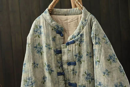 Johnature Vintage Buckle Floral Print Chinese Style Parkas 2025 Woman Winter New Long Sleeves Loose Single Breasted Parkas