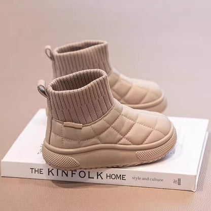 Children's Snow Boots 2-18 Years Old Khaki Padded Thickened Boys Girls Cotton Shoes Winter Black Soft Non-slip Kids Sock Boots
