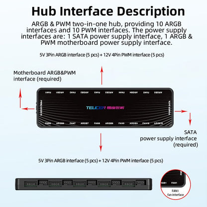 Teucer 1 to 10 12V/4Pin PWM 5V/3Pin Addressable ARGB Hub Splitter Adapter SATA Power Supply Interface  Concentrator For Case Fan