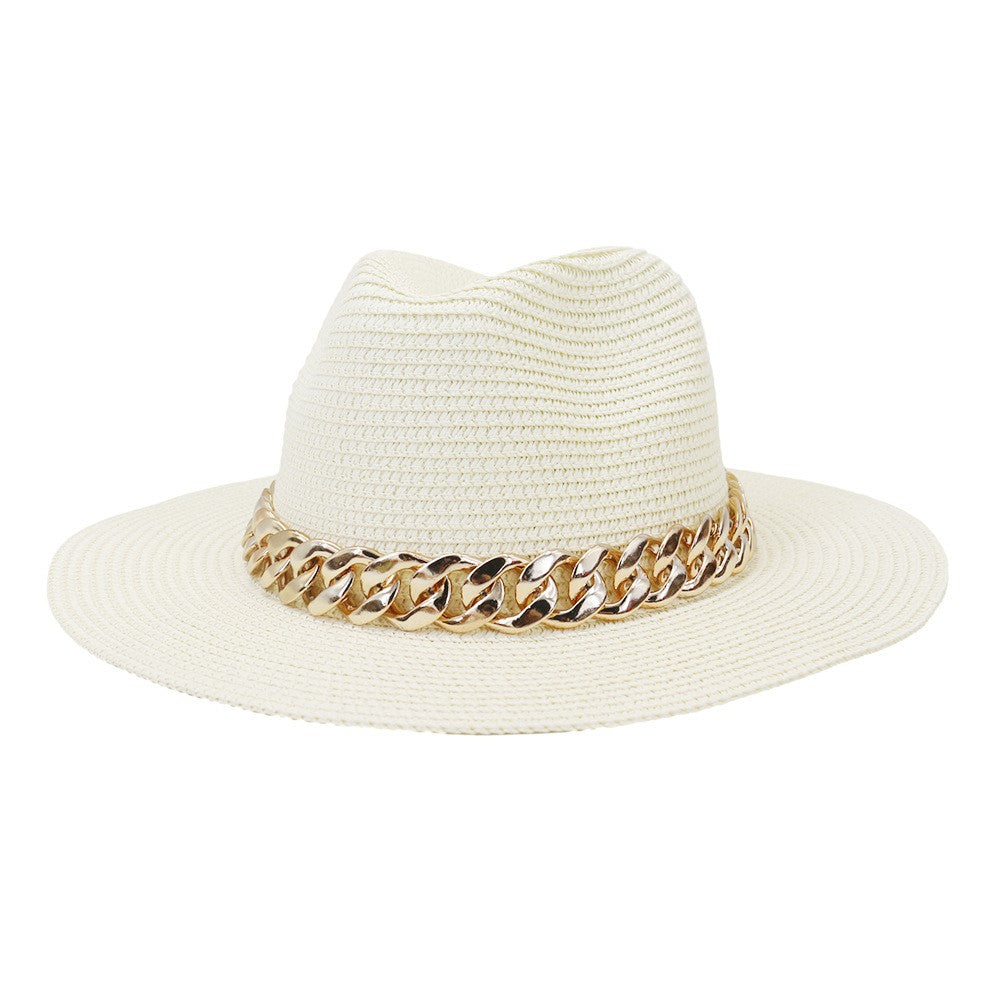 Set Straw Hat and Bag Set Gold Chain Bag Hat Set Ladies Leather Bag Tote Church Fedora Party Jazz Straw Hat