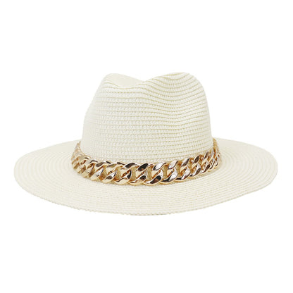 Set Straw Hat and Bag Set Gold Chain Bag Hat Set Ladies Leather Bag Tote Church Fedora Party Jazz Straw Hat