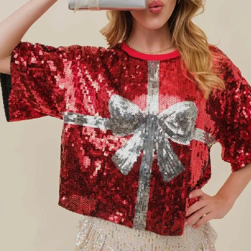 CHIC European American Festival Xmas Tree Bow Women Sequined T-shirt Short Top Casual Jersey Girls Short Sleeves Tee Christmas