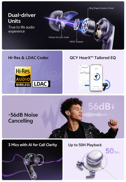 QCY MeloBuds N70 Adaptive ANC Wireless Earbuds Bluetooth 6.0 LDAC Hi-Res Audio 6 Mics Wireless Charging Earphones 50Hrs IPX5