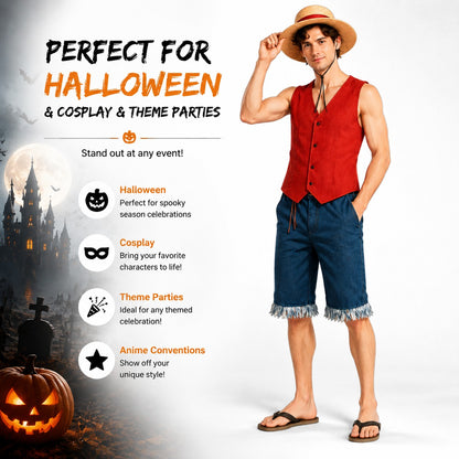 Monkey D Luffy Cosplay Costume for Men Adult Anime Outfit Halloween Party Red Vest Shorts Straw Hat Rope Set