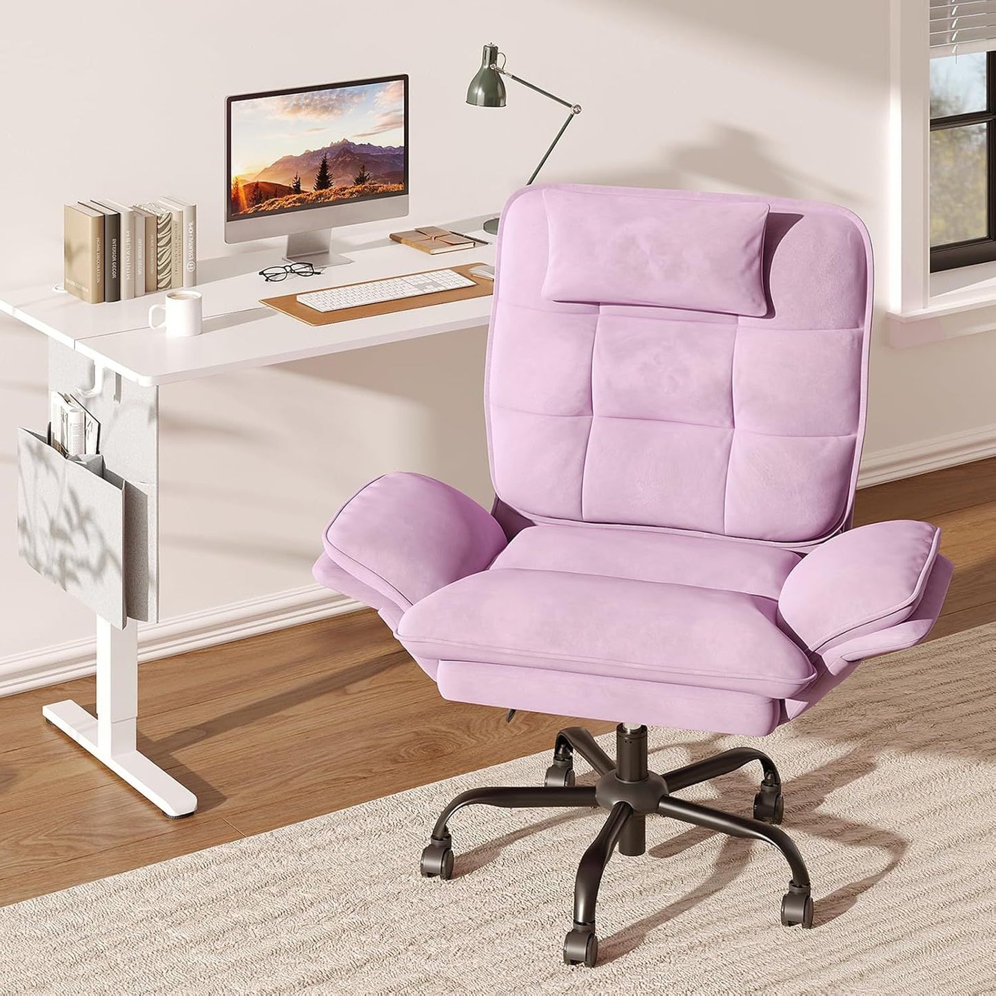 Velvet Executive Office Chair, Ergonomic Chair with Flip-up Arms, 135° Reclining Office Chair with Side Pockets & Headre