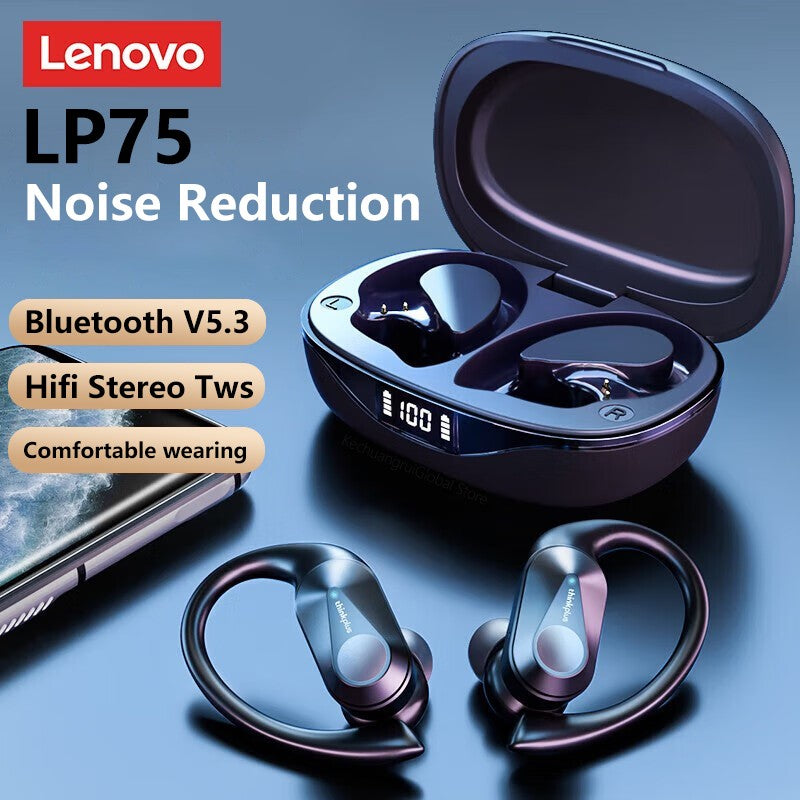 Fones de ouvido sem fio Lenovo LP75 TWS Bluetooth 5.3 com redução de ruído, gancho esportivo, estéreo HiFi, à prova d'água para jogos