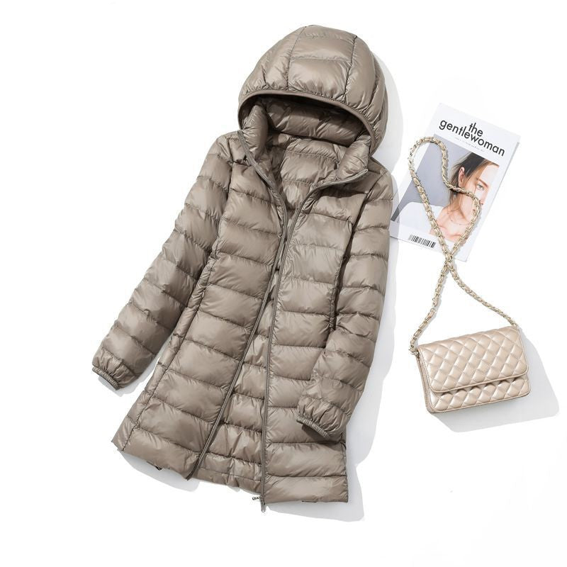 Hoody Long White Duck Down Coat Autumn Winter Portable Hooded Puffer Down Jacket Women Casual Double Zipper Windproof Thin Light
