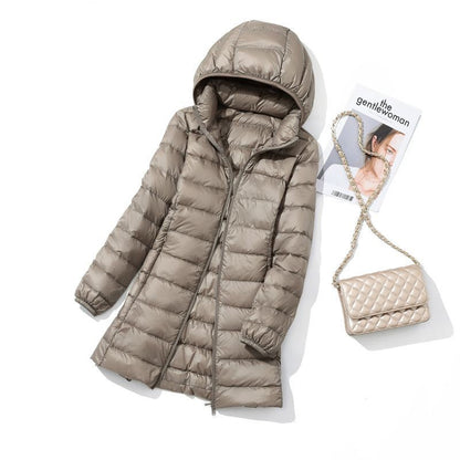 Hoody Long White Duck Down Coat Autumn Winter Portable Hooded Puffer Down Jacket Women Casual Double Zipper Windproof Thin Light